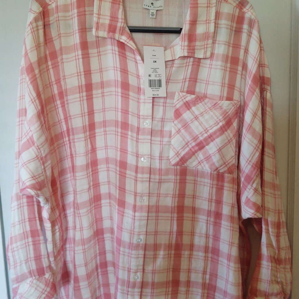2X Pink and white plaid button down cotton top NWT